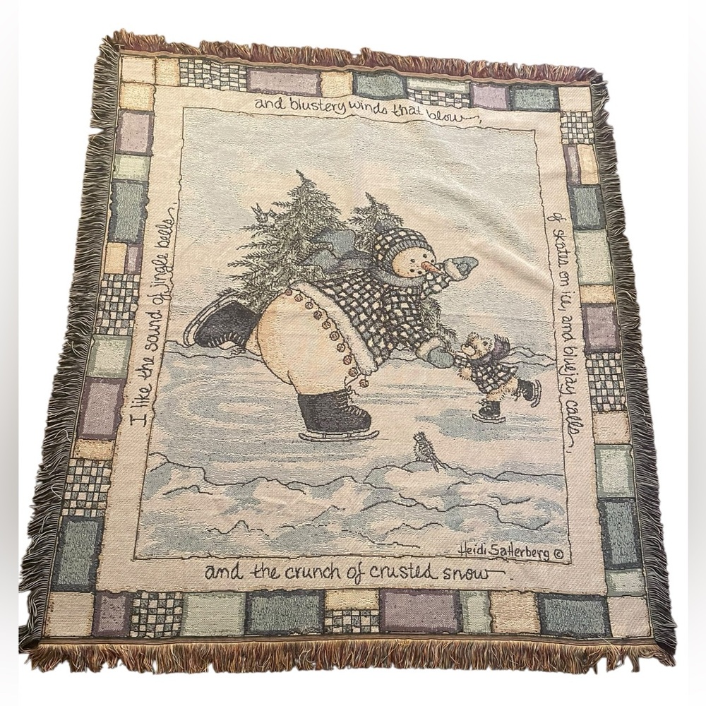 Heidi Saterberg USA Snowman & Bear Skating Woven Tapestry Throw Blanket 48”x55”
